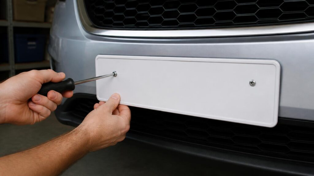 Mains fixant au tournevis une nouvelle plaque d’immatriculation vierge sur le pare-chocs d’une voiture