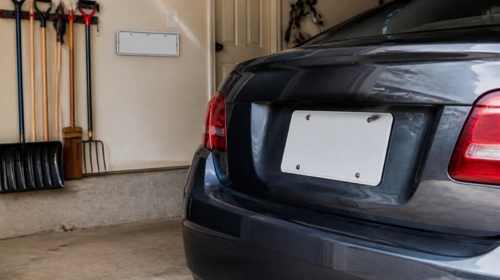 Arrière d’une voiture avec une plaque blanche vierge et une plaque décorative accrochée au mur d’un garage