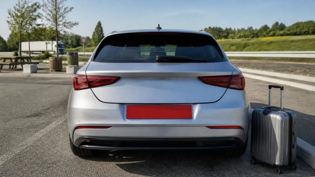 Voiture vue de l’arrière avec une plaque d’immatriculation rouge vierge sur une aire d’autoroute